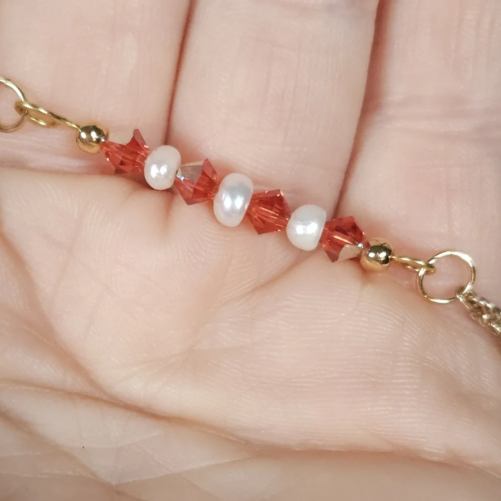 Handmade White Pearl & Pink Peach AB Crystal Bar Gold Bracelet Rope Twist Chain